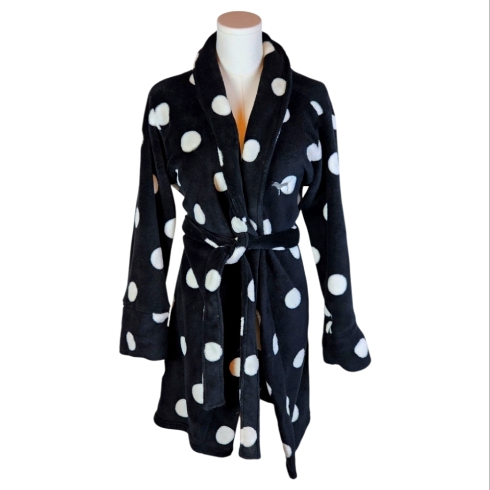PINK Black Polka Dot Robe XS/S Fleece Belted Lounge Bathrobe Soft Plush Cozy